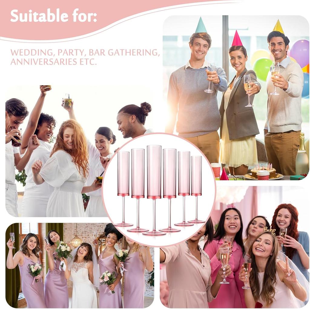 24pcs Pink Acrylic Champagne Flutes 5.4oz Stemmed Coupes for Wedding, Birthday, Anniversary