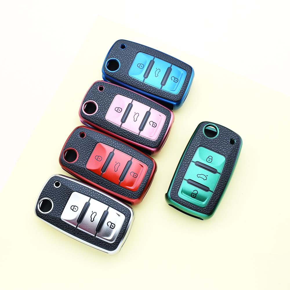 3 Buttons For Volkswagen VW Passat Tiguan Beetle Polo Golf Caddy T5 Up Eos Skoda Octavia Seat Leon Altea TPU Leather Car Key Case Cover