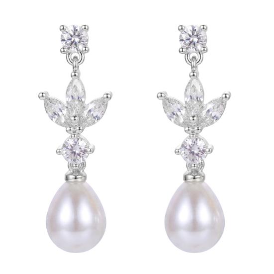 1 Pair Drop Earrings Zirconia Camellia Design Imitation Pearl Cubic Pendant Earrings Bridal белый