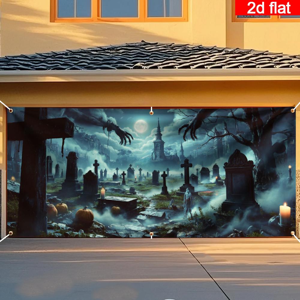 2D banner 1 Halloween garage door flag - Ghost Cemetery scene, with glowing pumpkins, bats and a full moon, decorated
