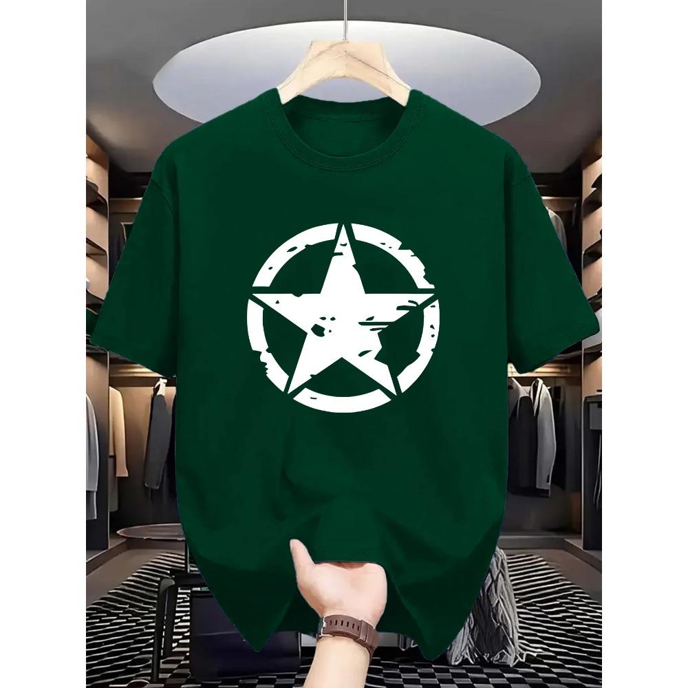 Men'S Casual Crew Neck T-Shirt with Geometric Five-Pointed Star Print, Knit Fabric, Slight Stretch, Regular Fit