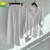 Women's Retro Plus Size Cotton Linen Shirt and High Waist Wide Leg Pants Two-Piece Set 2025