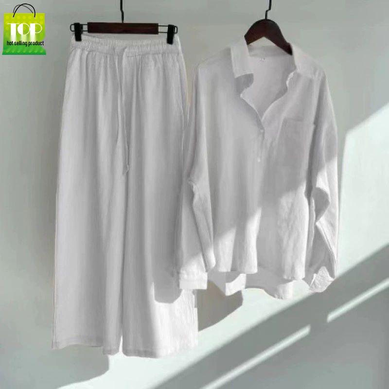 Women's Retro Plus Size Cotton Linen Shirt and High Waist Wide Leg Pants Two-Piece Set 2025