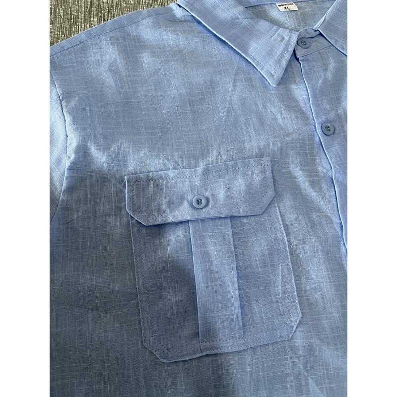 Men Linen Blend Short Sleeve Button Down Shirt Casual Summer Beach Top With Dual Chest Pockets