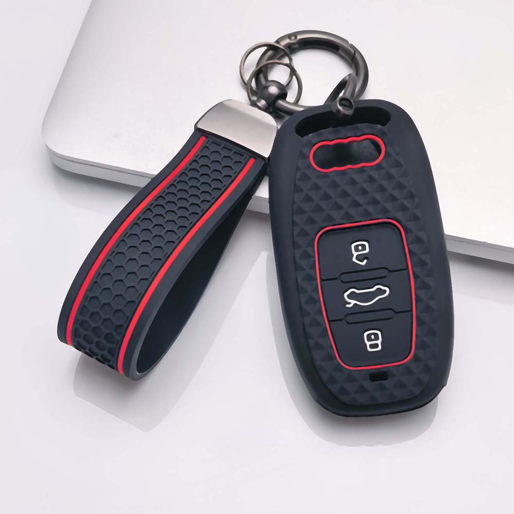 Silicone Car Key Case Cover with Wrist Keychain for A6 A7 A8 E Tron Q5 Q7 Q8 C8 D5 Protective Car Remote Key Holder