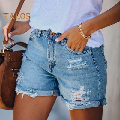 Letní Dámské šortky Roztrhaný zip s vysokým pasem zapínání na knoflíky s mnoha kapsami přehnutý lem Streetwear Jednobarevné džínové šortky slim fit