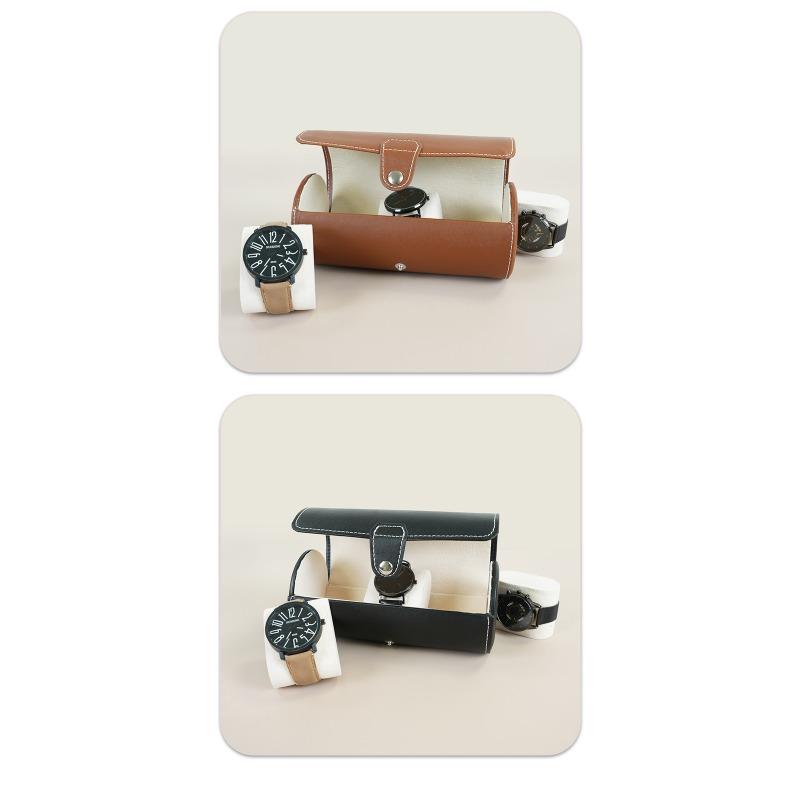 Gold-embossed Pu Leather 3-slot Cylindrical Watch Box - Jewelry & Watch Storage & Display Packaging