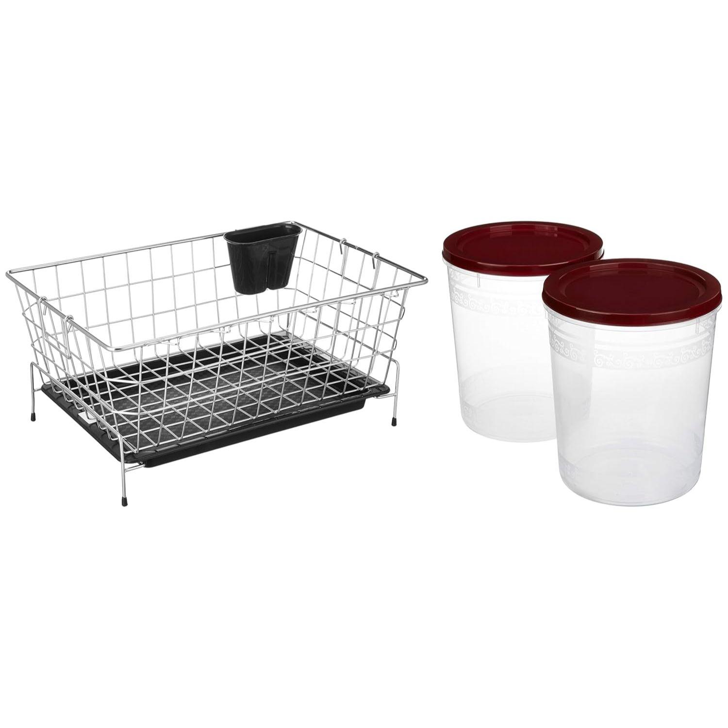 

Подставка для сушки посуды с поддоном для слива + Подставка для столовых приборов (54 см * 42 см * 20 см) Набор из 2 контейнеров для хранения на кухне, 7,5 литров, коричневая крышка, пластик