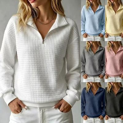 Women S Loose Fit Waffle Solid Color Stand Collar Zip Up Long Sleeve Sweatshirt