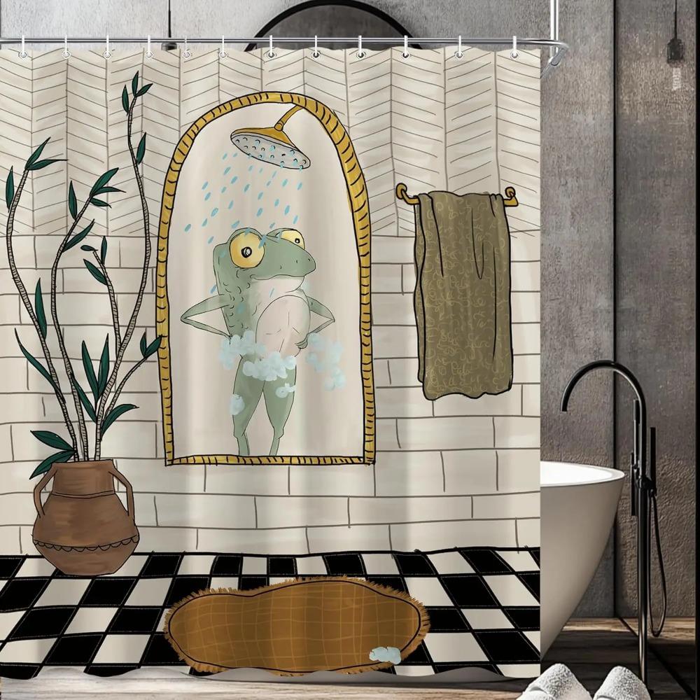 Lustiger Retro-Frosch-Druck Duschvorhang Niedliches Vintage-Tierpflanze Für Badezimmerdekoration