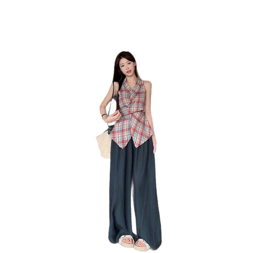 Summer design sense niche waist thin vest women's French retro plaid off-the-shoulder neck sleeveless top ins