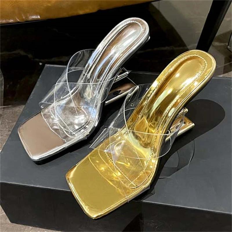 Eilyken PVC Transparent Women Sandals Design Style Fretwork High Heels Square Toe Shoes Summer Gold Silver Banquet Pumps