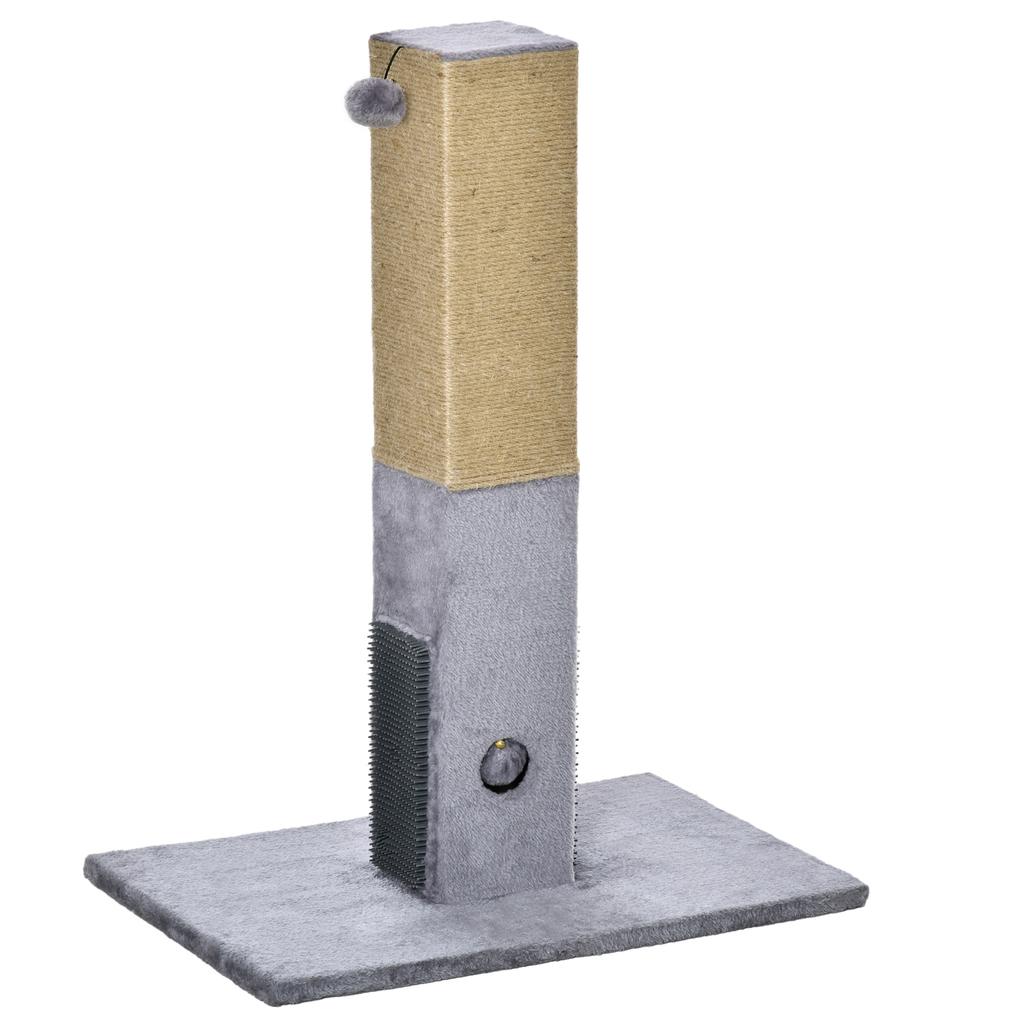 Cat Scratching Post with 2 Toy Balls and Brush, Made of Wood, Jute and Plush, 59.5x39x79 Cm, Grey