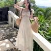 Summer apricot medium and long dress flying sleeves waist a word women's thin French lace splicing dress