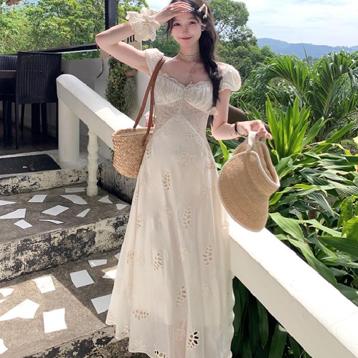 Summer apricot medium and long dress flying sleeves waist a word women's thin French lace splicing dress