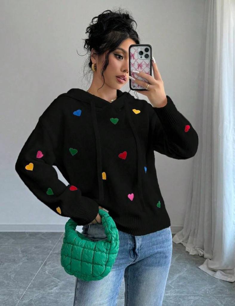 Europe, America autumn and winter women's sweater fashion color love jacquard hooded long-sleeved knitted sweater