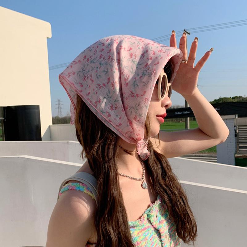Women Flower Printed Headscarf Sun Protection French Pastoral Style Boho Lightweight Travel Picnic Outdoor Girls Scarf