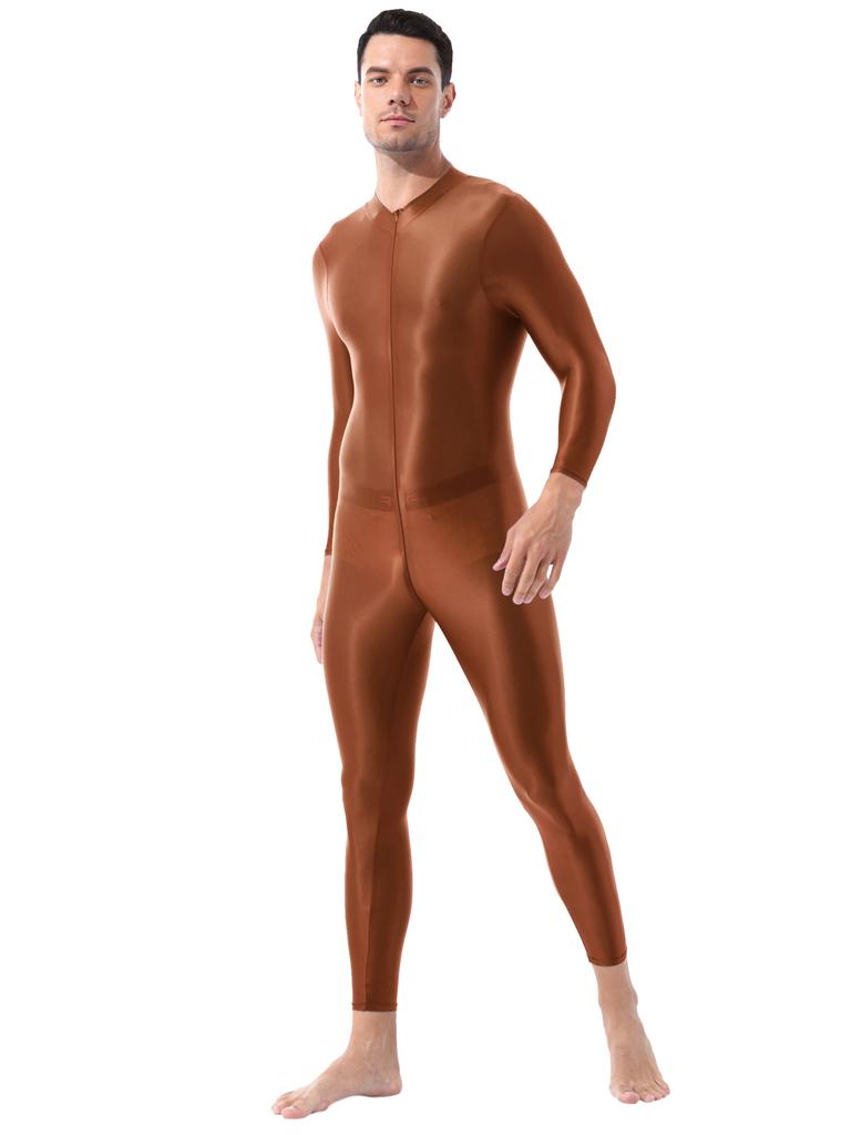 Mens Shiny High Neck Long Sleeve Double Ended Zipper Leotard Bodysuit