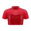 Girls Shiny Sequins Adorned Mock Neckline Short Sleeve Mesh Patchwork Crop Top Cutout Back Dance Top