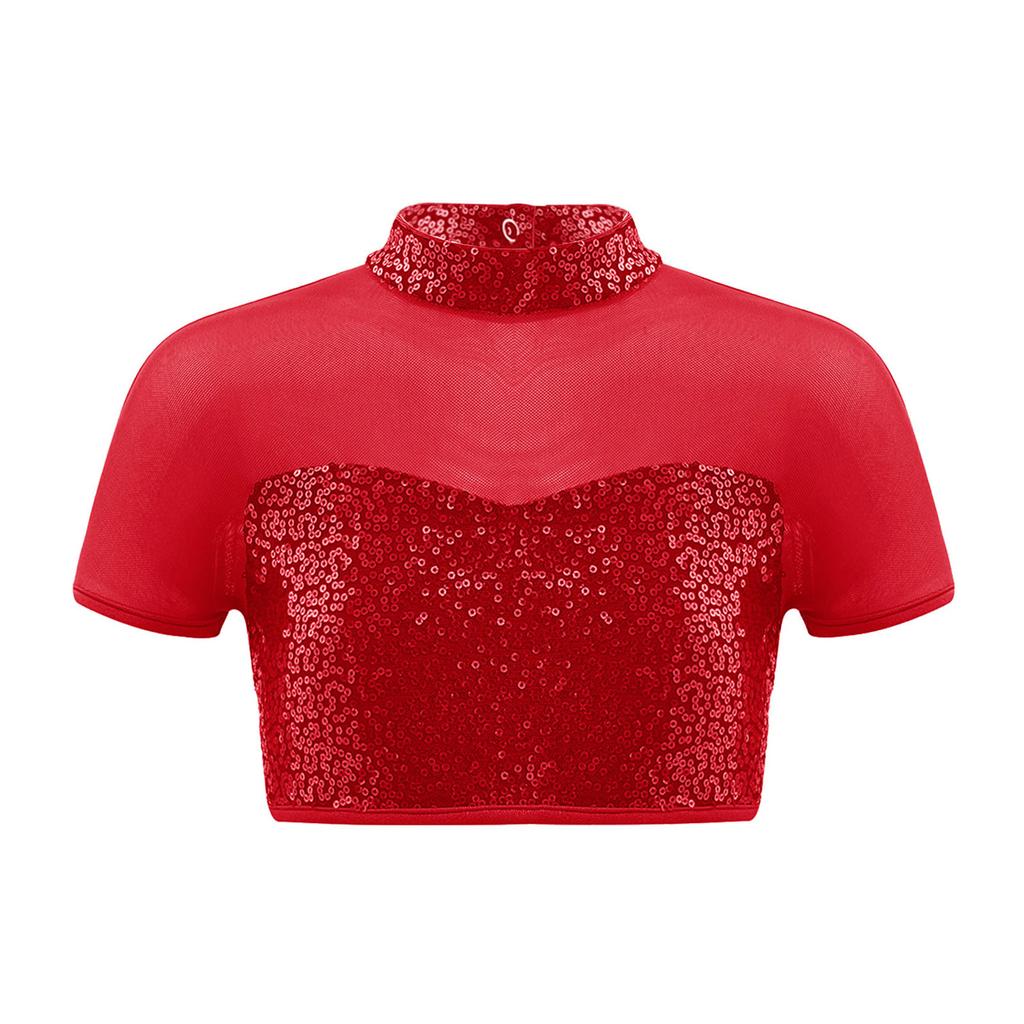 Girls Shiny Sequins Adorned Mock Neckline Short Sleeve Mesh Patchwork Crop Top Cutout Back Dance Top