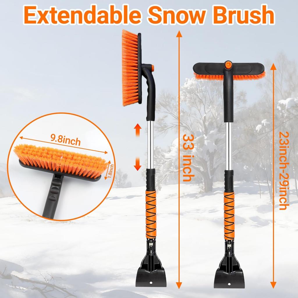33" Extendable Snow Brush And Ice Scraper For Car Windshield, 2-In-1 Car Snow Brush & Ice Scraper With 360° Pivoting Brush Head And Comfortable Foam