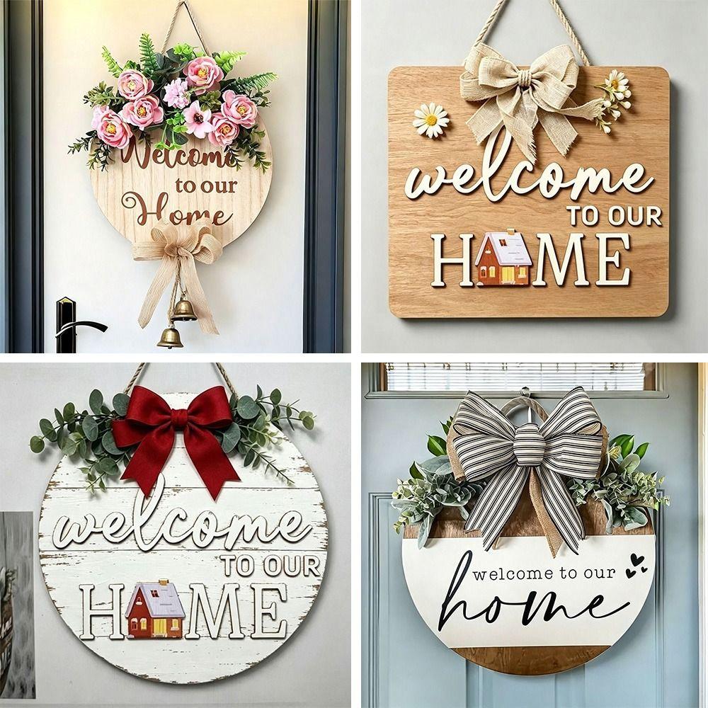 Floral Pattern Wooden Door Sign 2D Flat Hanging Wooden Board Round Doorplate Holiday Decorating
