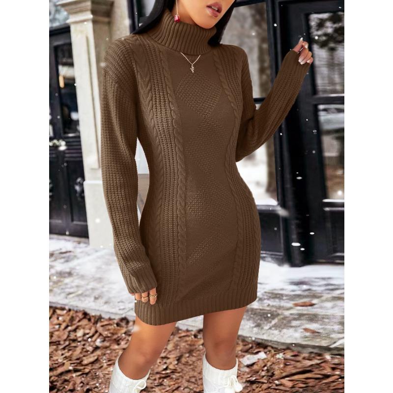 Autumn and Winter Brown Sugar High Neck Sweater Women Long Sleeve Knit Sweater Wrap Hip Dresses