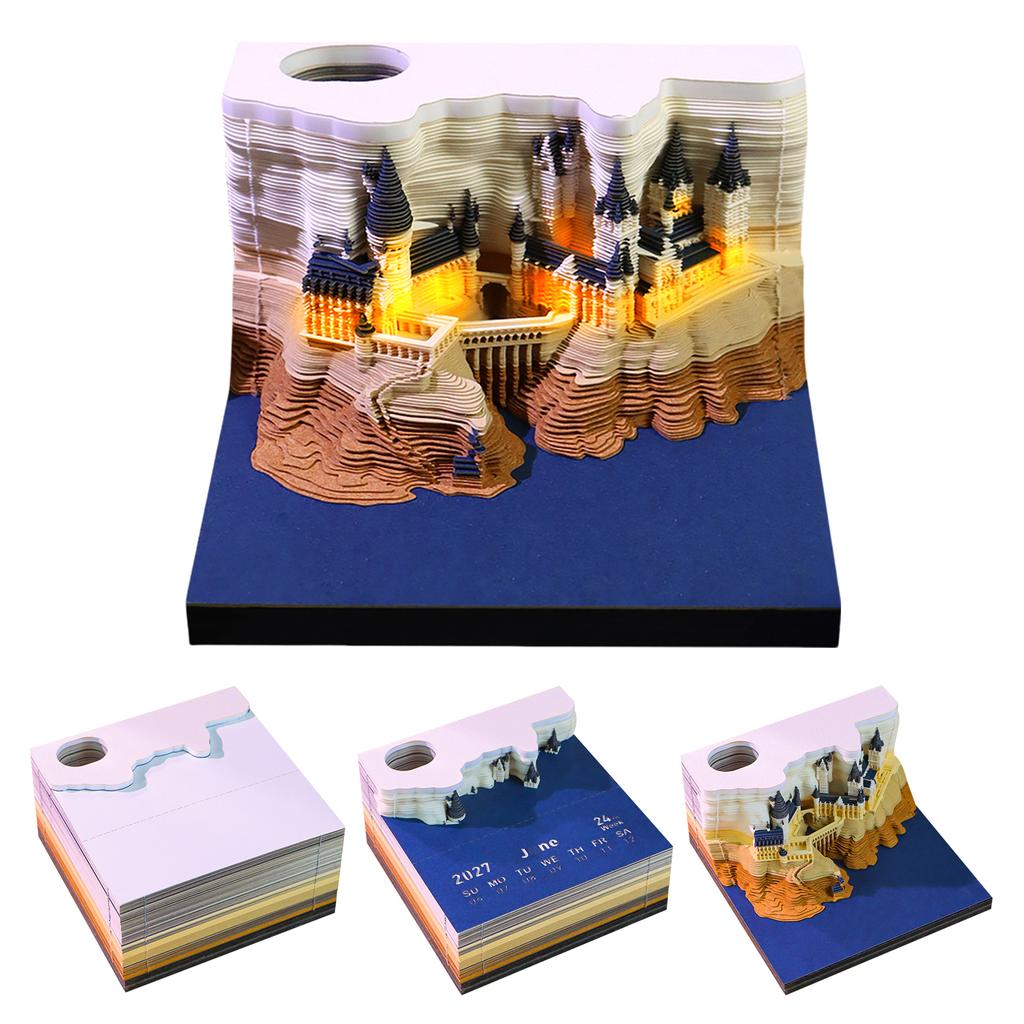 Wizard Magic Castle 2027 Calendar 3D Memo Pad with LED Light & Pen Holder Creative Paper Carving Art Sculpture Desk Decor Gift