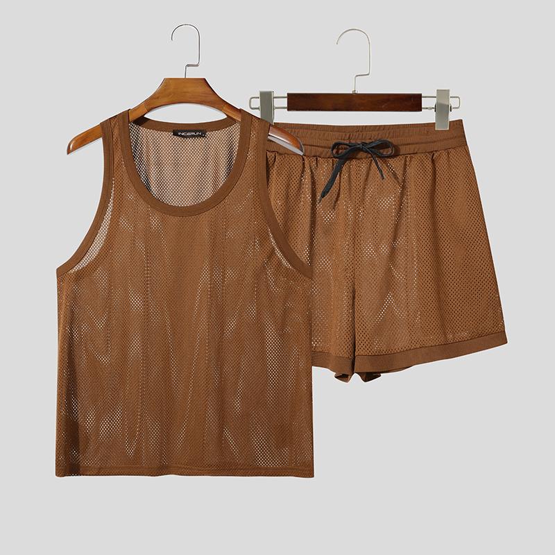 INCERUN 2PCS Summer Men Hollow Sleeveless Tank Tops and Shorts Beach Outfits Sets
