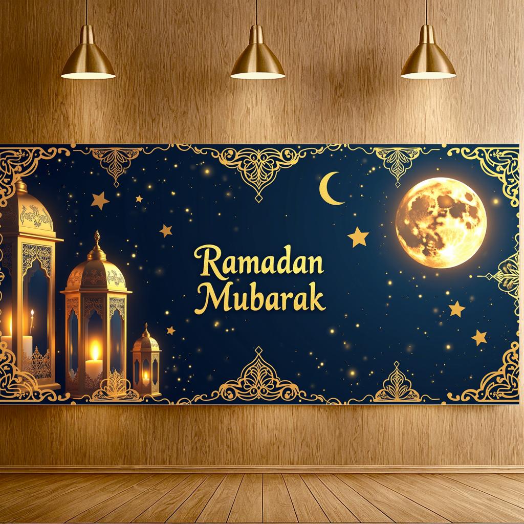 Bannière Ramadan Moubarak Lanterne Festival Islamique Toile de Fond Lune pour Décoration Aïd Accessoires Photo Fournitures de Fête Événement Ramadan
