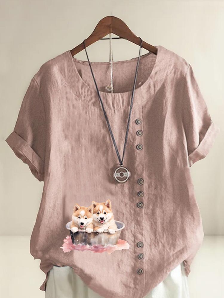Women's Fashion Couple Dog Print Round Neck Short Sleeve T-shirt Summer Casual Cotton Linen Graphic Shirt Leisure Loose Blouse Tops