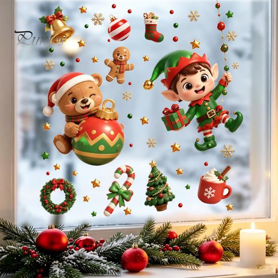Winter Holiday Window Decorations 2PCS Christmas Static Sticker, Cute Cartoon Elves And Bears Easy Installation Glass Adhesives Print, PVC Stickers