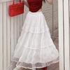 French Lace Trim Spring/Summer Midi Skirt - High-Waist Sweet White Tiered Cake Design Long Skirt