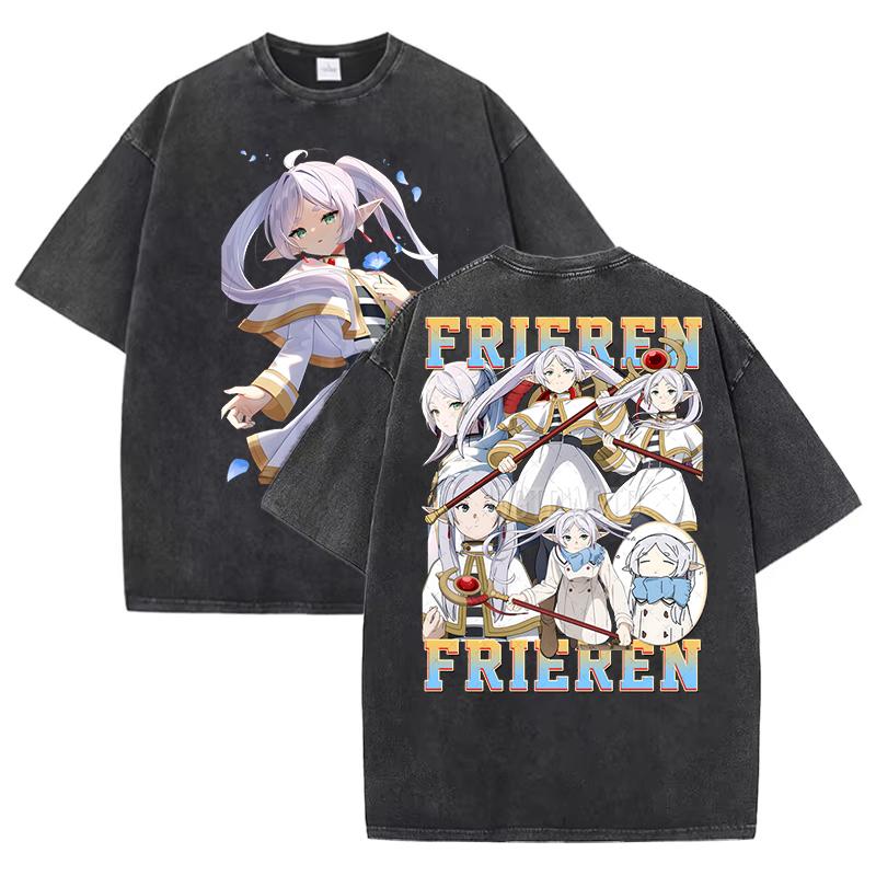 Hot Sale Anime Peripherals Frieren: Beyond Journey's End Graphic Print T-Shirt Men Women Streetwear Fashion Vintage Washed Cotton Summer New Tee