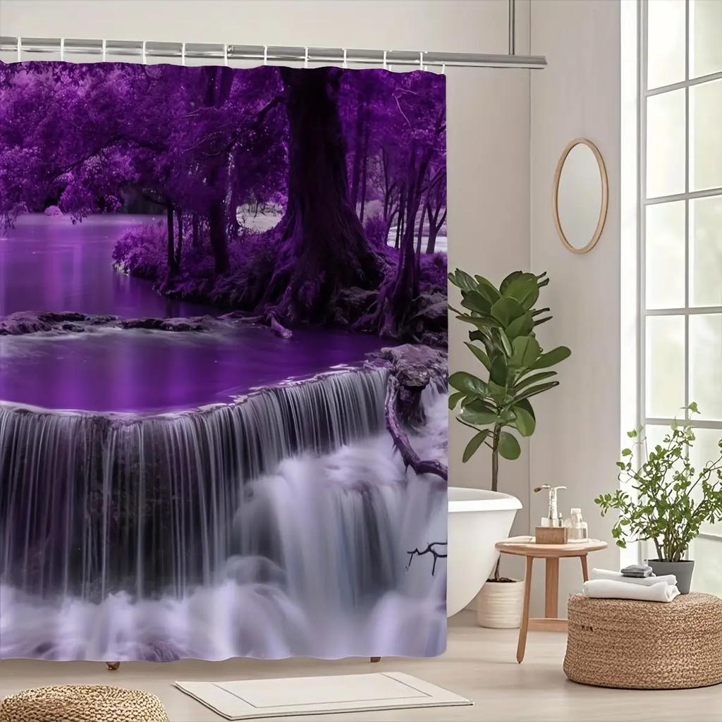4pcs Purple Hot Spring Waterfall Shower Curtain Set Waterproof Fabric Bath Curtain with 12 Hooks Non Slip Rug U Shaped Mat Toilet Cover Bathroom Decor