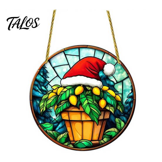 Stained Glass Style Holiday Decor Christmas Hanging Pendant, Acrylic Santa Claus Plants Ornaments with Lanyard Decorative for Xmas Tree Decoration,