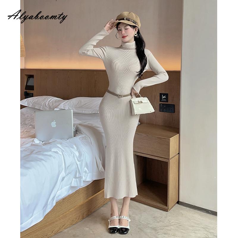 

Осень Зима Женский Свитер Миди Платье Водолазка Черный Синий Вязаное Платье Вязаное Элегантное Платье А-силуэта Офисная Леди С Поясом One Size