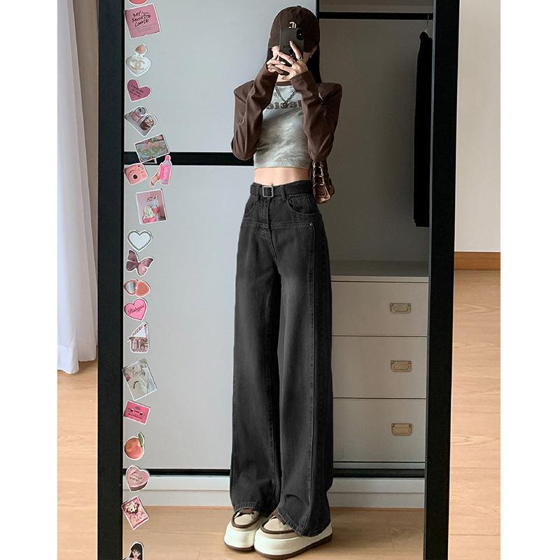 Black and gray wide-leg jeans women's 2025 high-waisted straight loose floor pants American retro spring clothing European and American style