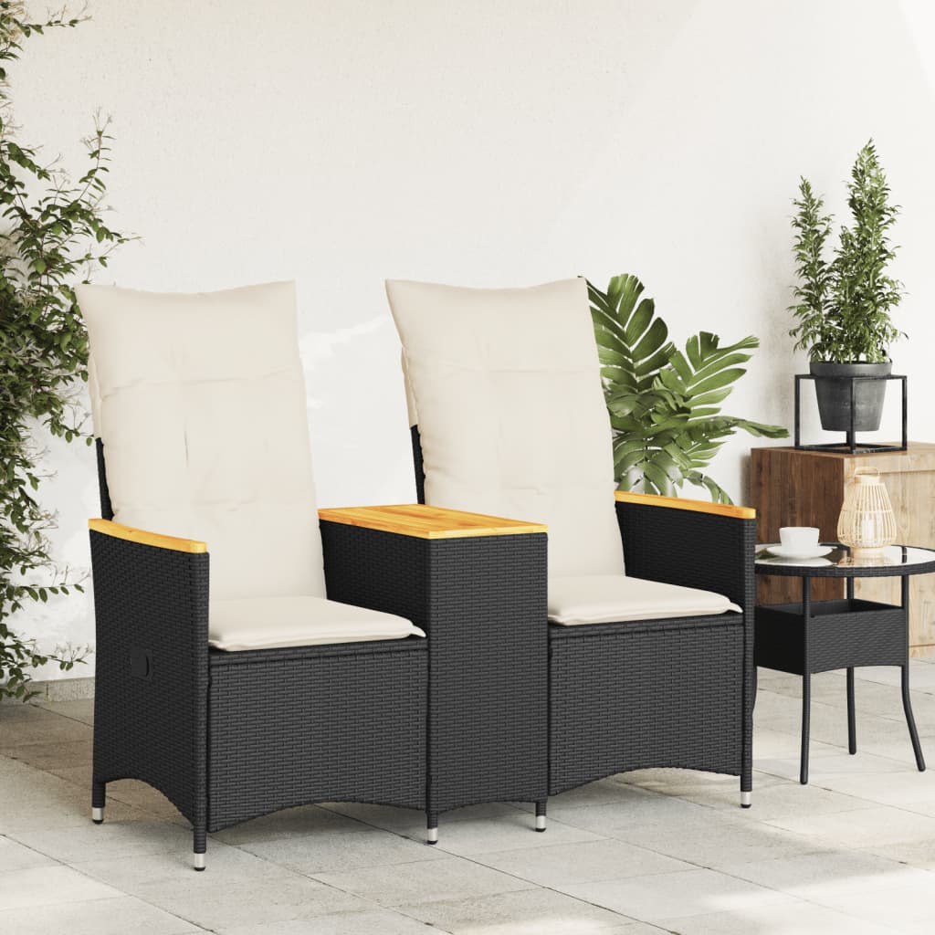 2 Seater Garden Sofa with Table Adjustable Black Poly Rattan