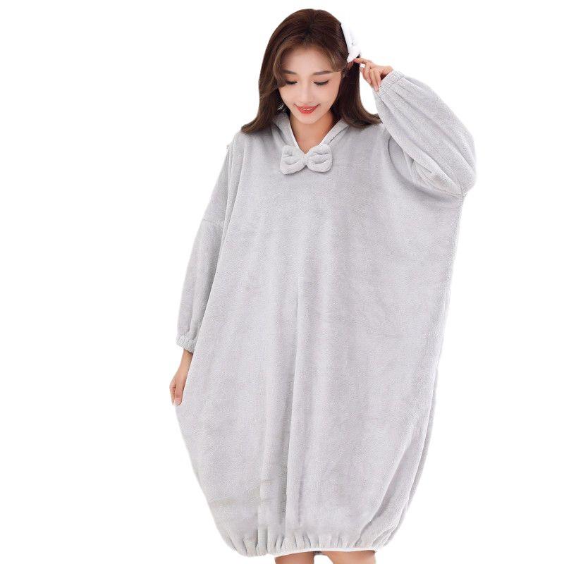 Morandi Color Fleece Hooded Bathrobe - Long Sleeve, Cozy, Warm Student Homewear