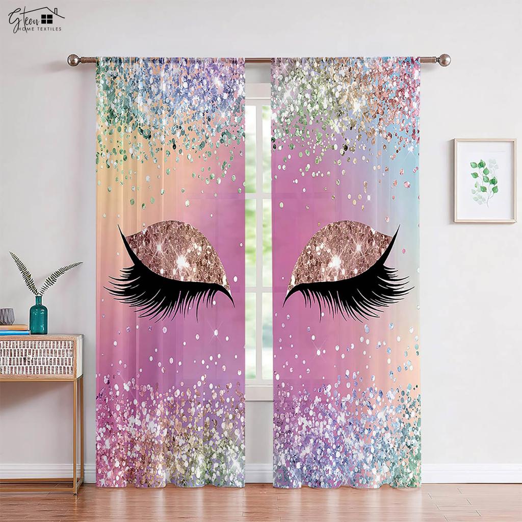 2 Pack Colorful Shiny Eyelashes Cartoon Print Curtain Rod Pocket Bedroom Living Room Kitchen Kids Room Decorative Curtains