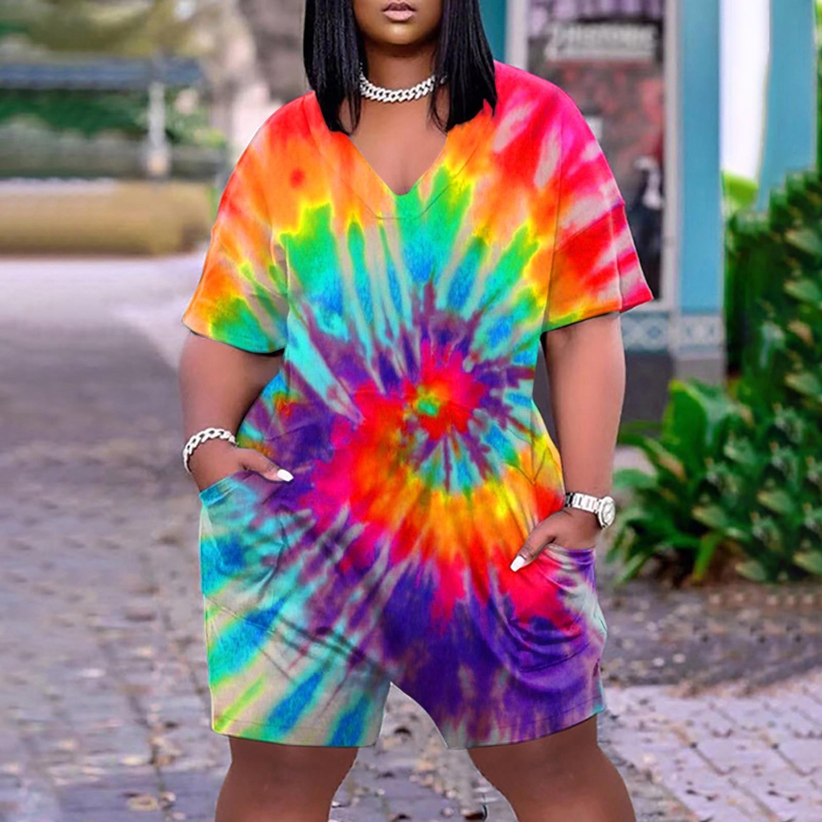 

Летний плюс размер с v-образным вырезом и коротким рукавом, карманом на коленях, повседневный комбинезон с принтом тай-дай для женщин XL