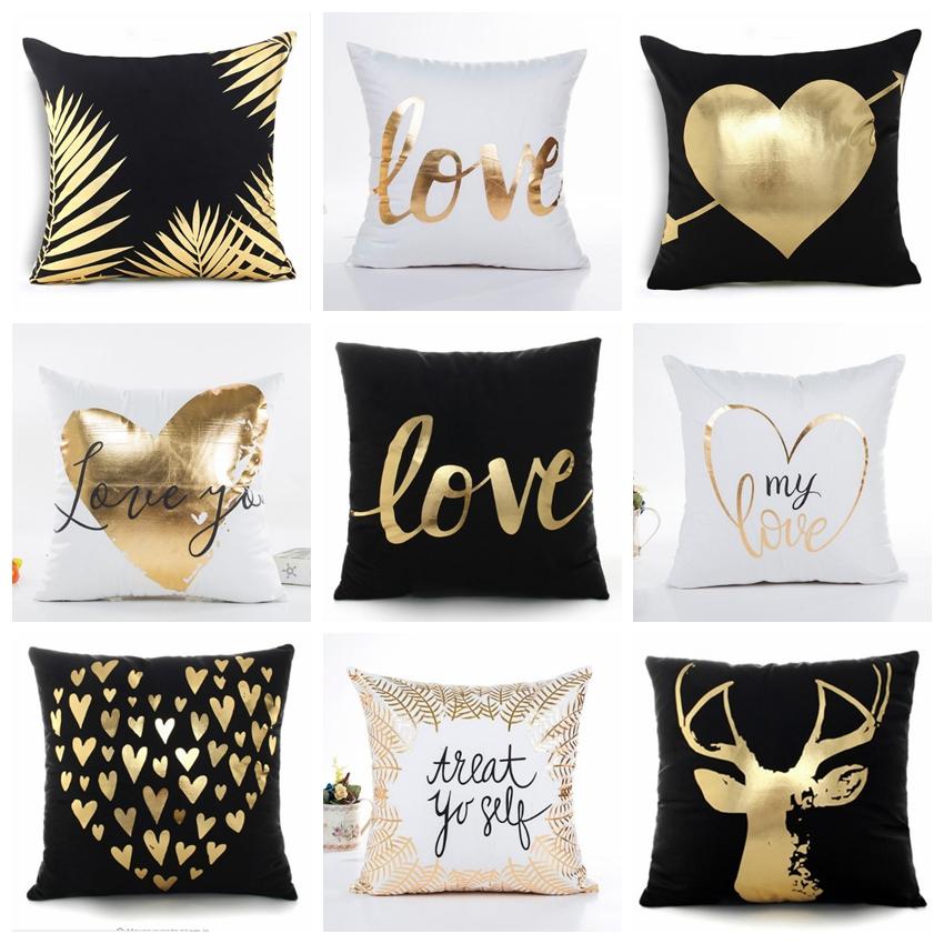 Golden Love Leaves Bronzing Cushion Decorative Pillow Black And White Velvet Pillowcase Home Decor Sofa Throw Pillows 17*17Inch