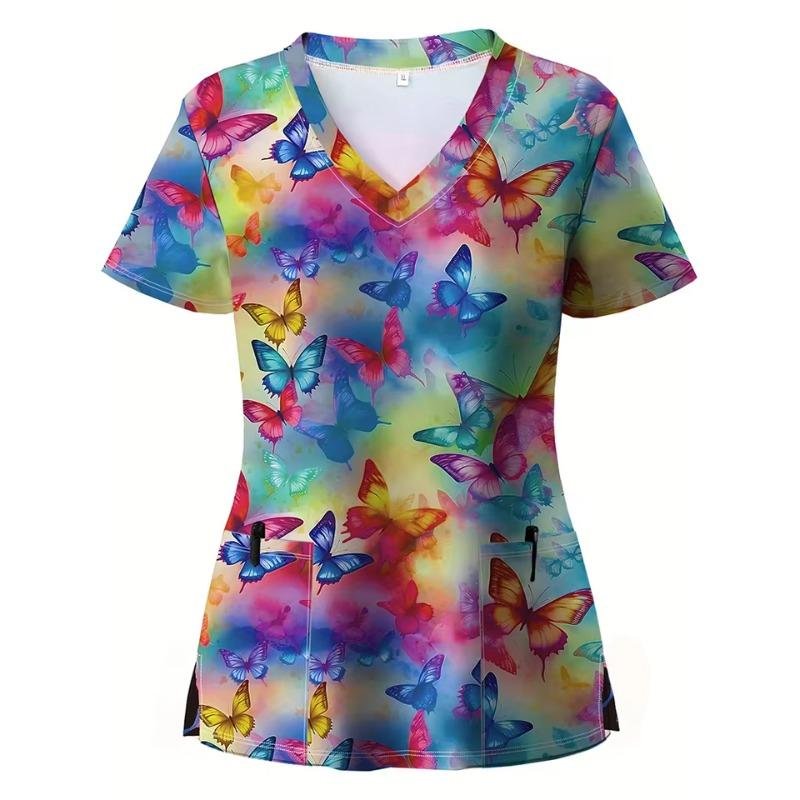 Women s Hospital Uniform Elegant Butterfly Print Obstetrics Nursing Tops V-Neck Micro-Stretch Short-Sleeved Tees Medical Clothes XL