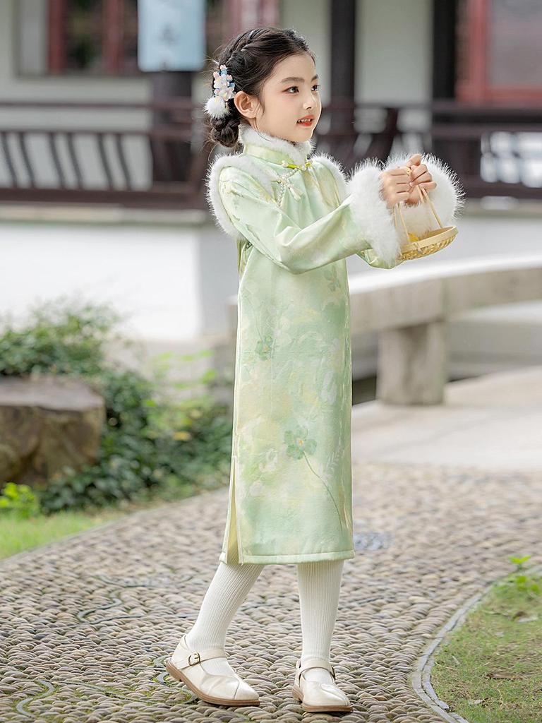 Winter-Samt-Qipao-Kleid für Mädchen 2025 - Chinesischer Stil Rock mit langen Ärmeln