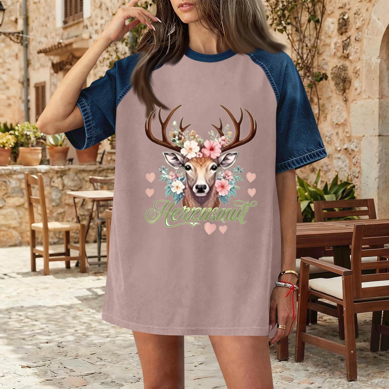 

Women s Casual Denim Patch T-Shirt Oktoberfest Graphic Tee Comfortable Short Sleeve Loose Fit Top L розовый