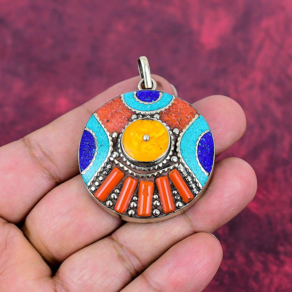Turquoise, Coral & Lapis Lazuli Pendant, Gemstone 925 Solid Sterling Silver Jewelry Pendant, Handmade Jewelry Birthstone Pendant, Gift For Him