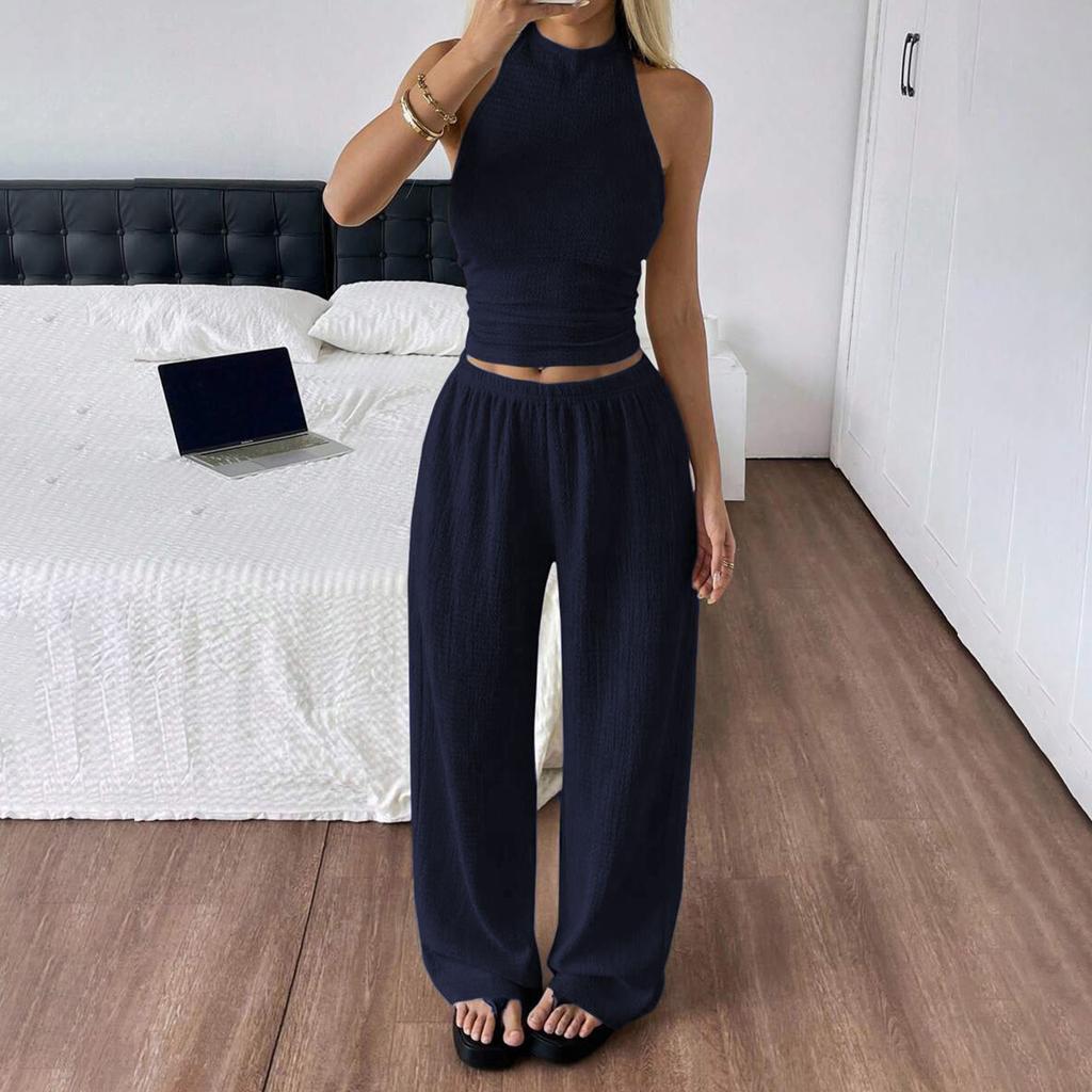 Women’s Two Piece Set Sleeveless Halter Neck Top and Wide Leg Long Pants Casual Relaxed Fit Outfit for Daily Wear