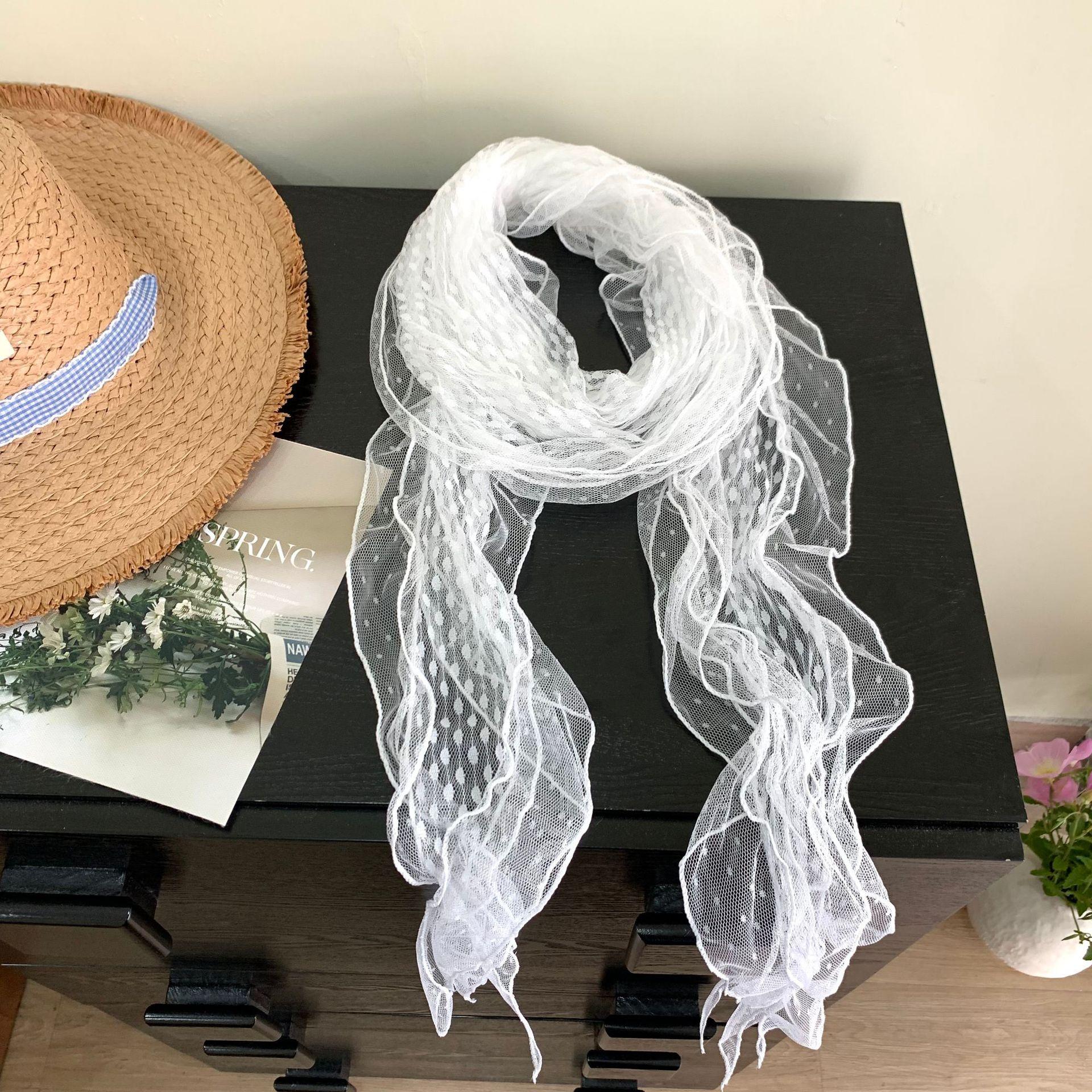 [Spot] Super beautiful! ins blogger Dongdaemun silk scarf women s gray-blue polka dot long lace circumference