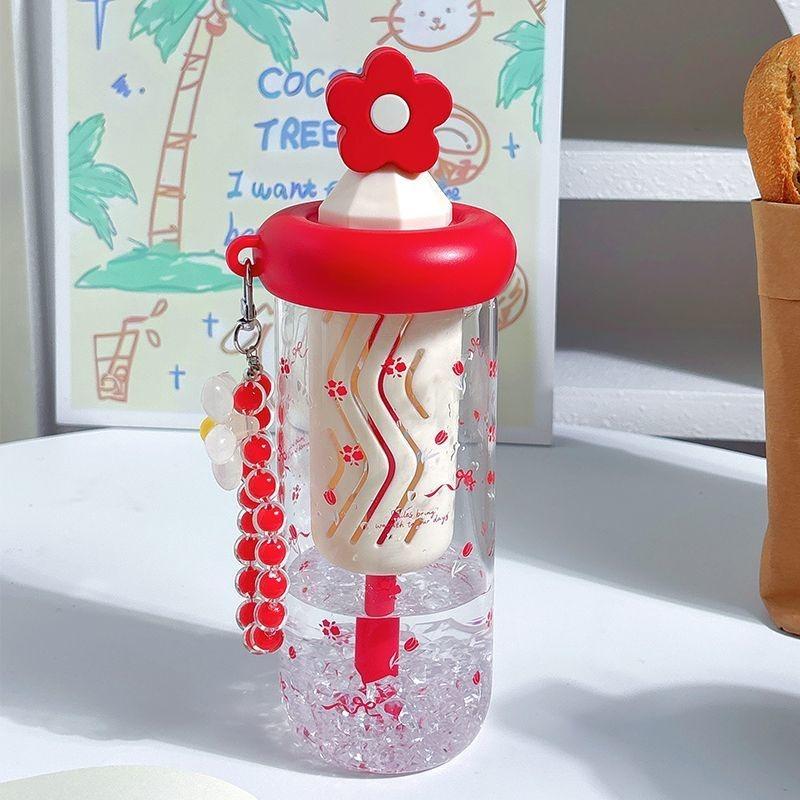 Söta Blommig Te-glas med Sugrör Tumbler Glas Vattenflaska För Flickor Stor Kapacitet Kaffe Juice Koppar Drickkärl